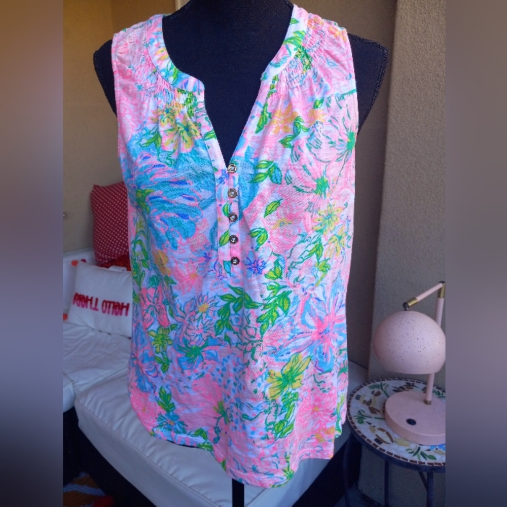 Lilly Pulitzer Essie Tank Blouse Top Smocked Floral Printed Cotton M